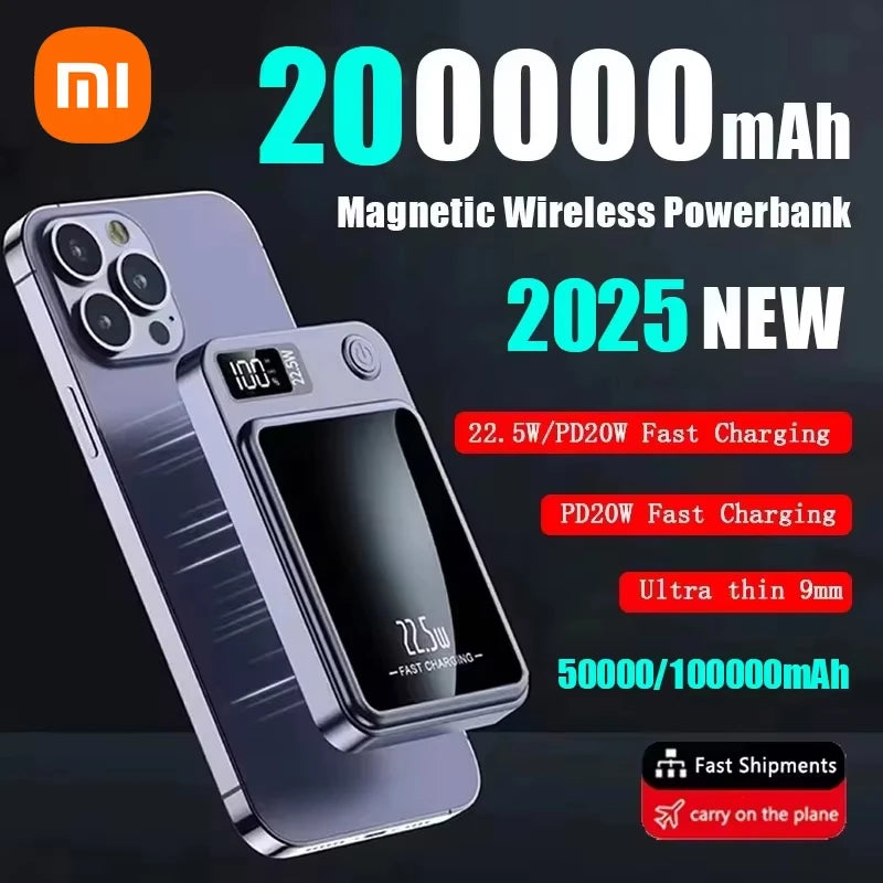 Xiaomi 200000Mah Magnetic Power Bank Wireless Fast Charger for Magsafe Portable Auxiliary Battery Pack for Iphone Huawei Samsung